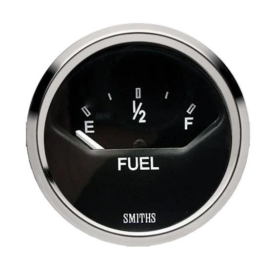 Smiths Cobra Fuel Level Electric Short Sweep 52mm E - 1/2 - F black dial floodlit illumination full v chrome bezel Use 6 hole Sender TB9011KIT Top Mount or TB9013KIT Side mount. 5 Hole TA9030-100 Top Mount