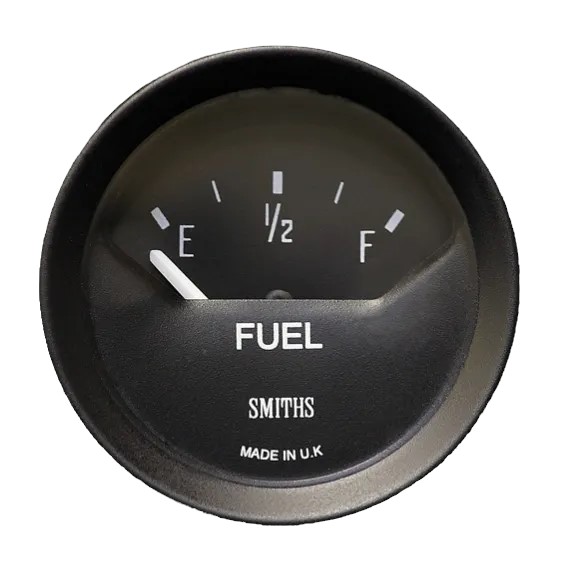 <p>Smiths GT40 Fuel Level Electric Short Sweep E - 1/2 - F  52mm 12 volt black dial floodlit black 1/2 v bezel</p>